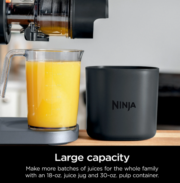 Ninja NeverClog 150 Watts Cold Press Juicer with 18oz Jug, 30oz Pulp Container, 2-Speed, Compact