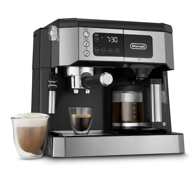 De'Longhi All-in-One Combination Coffee Maker & Espresso Machine + Advanced Adjustable Milk Frother for Cappuccino & Latte + Glass Coffee Pot 10-Cup, Black, COM532M