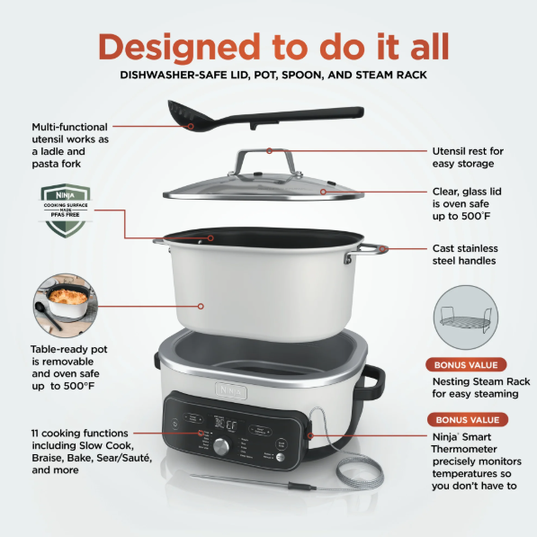 Ninja 17-in-1 PossibleCooker PRO 8.5 Qt Multi-Cooker, Slow Cook, Bake, Sear, with Smart Cook System, Oven Safe Pot to 500°F, MC2052CO White