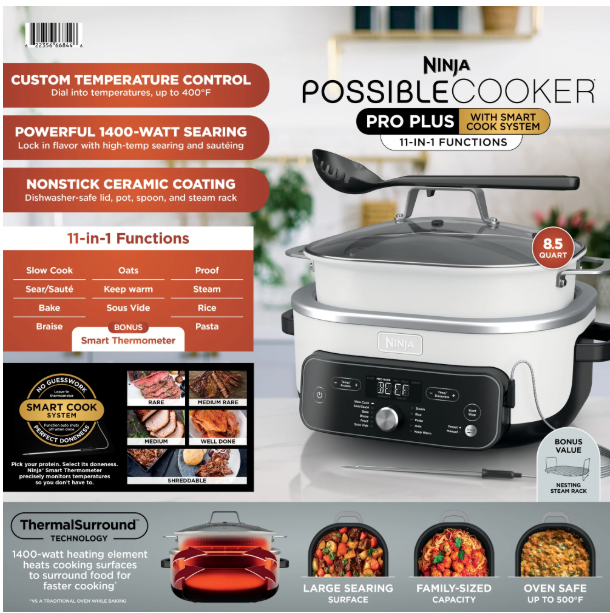 Ninja 17-in-1 PossibleCooker PRO 8.5 Qt Multi-Cooker, Slow Cook, Bake, Sear, with Smart Cook System, Oven Safe Pot to 500°F, MC2052CO White