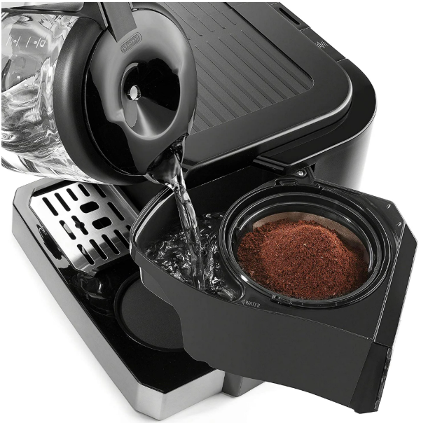 De'Longhi All-in-One Combination Coffee Maker & Espresso Machine + Advanced Adjustable Milk Frother for Cappuccino & Latte + Glass Coffee Pot 10-Cup, Black, COM532M