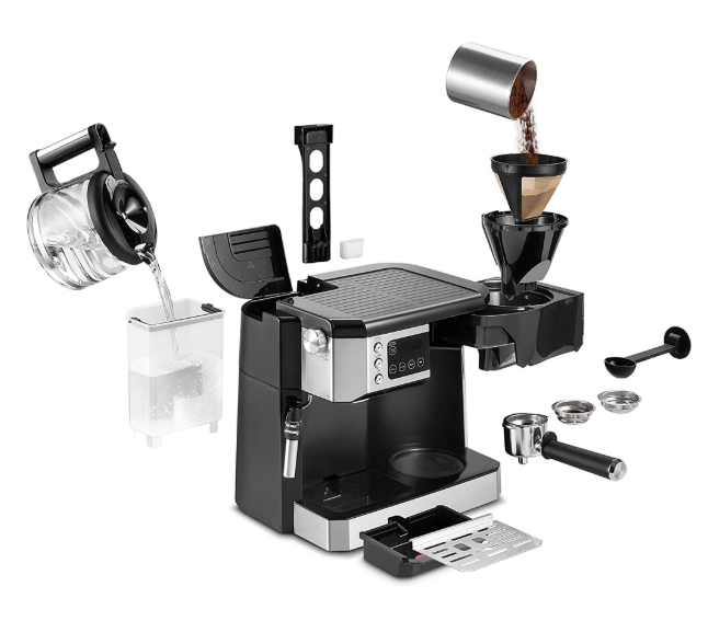 De'Longhi All-in-One Combination Coffee Maker & Espresso Machine + Advanced Adjustable Milk Frother for Cappuccino & Latte + Glass Coffee Pot 10-Cup, Black, COM532M